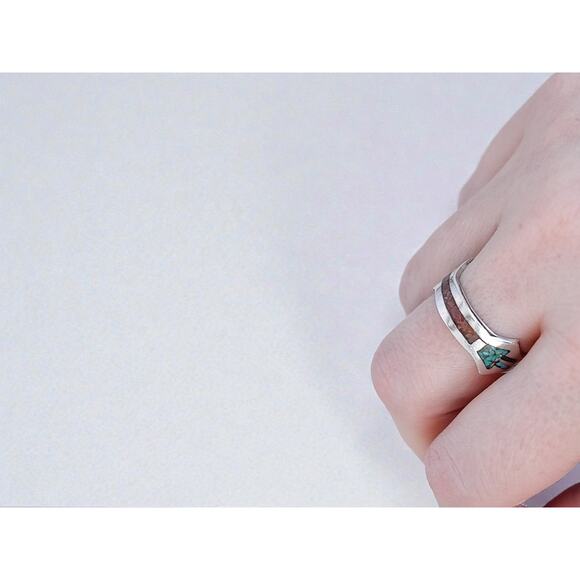 Vintage Native American 925 Silver Ring Turquoise Coral Inlay Southwestern - Picture 7 of 8